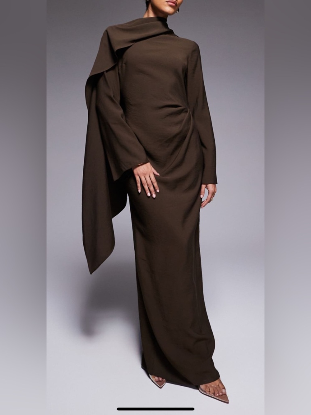 ASOS DESIGN long sleeve scarf detail maxi dress in chocolate